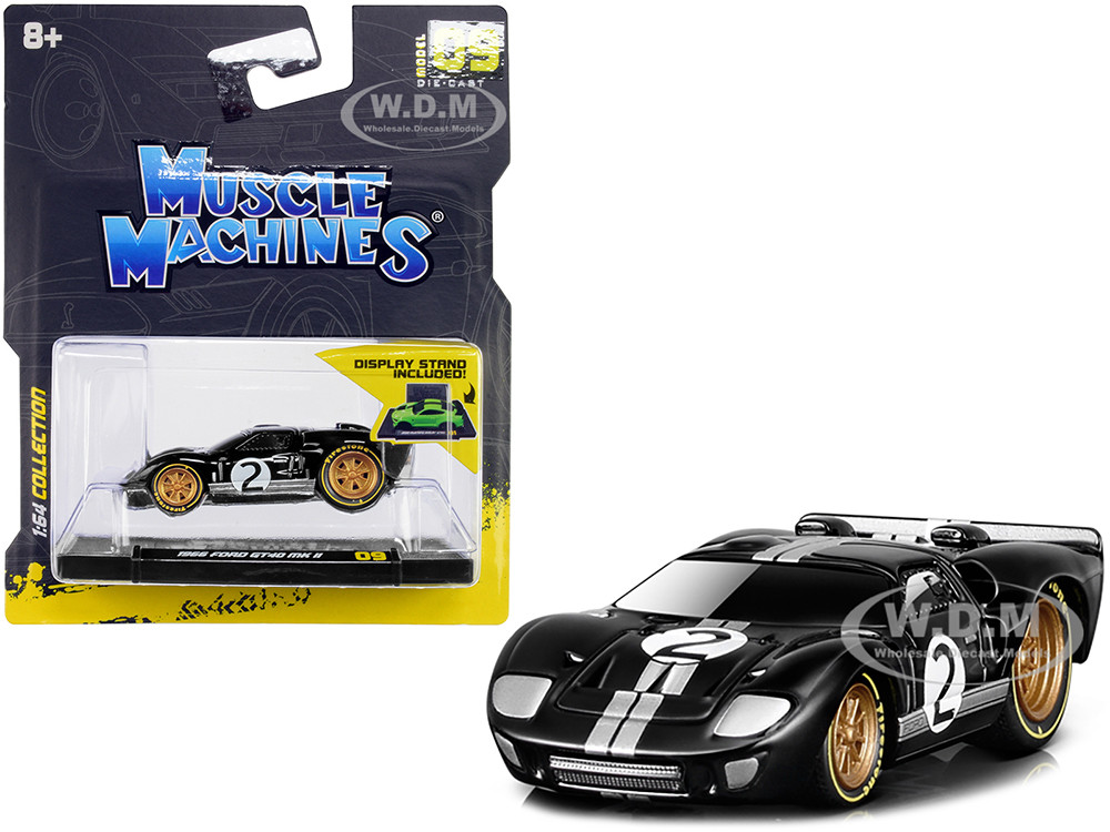 1966 Ford GT40 MKII #2 Black with Silver Stripes and Gold Wheels 1/64 Diecast Model Car by Muscle Machines diecast model