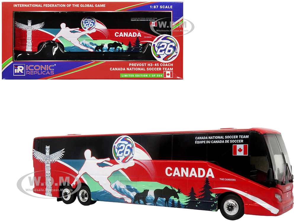 Prevost H3-45 Coach Bus "Canada National Soccer Team" Red with Graphics "International Federation of the Global Game" Series Limited Edition to 504 pieces Worldwide 1/87 (HO) Diecast Model by Iconic Replicas diecast model