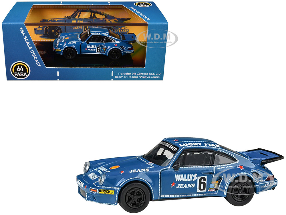 1975 Porsche 911 Carrera RSR 3.0 #6 "Kremer Racing - Wallys Jeans" Blue 1/64 Diecast Model Car by Paragon Models diecast model