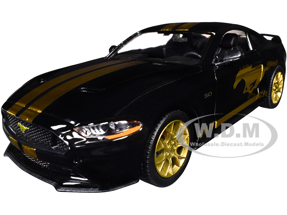 2018 Ford Mustang GT 5.0 Black with Gold Stripes and Graphics "Midnight Eclipse" Series 1/24 Diecast Model Car by Motormax diecast model
