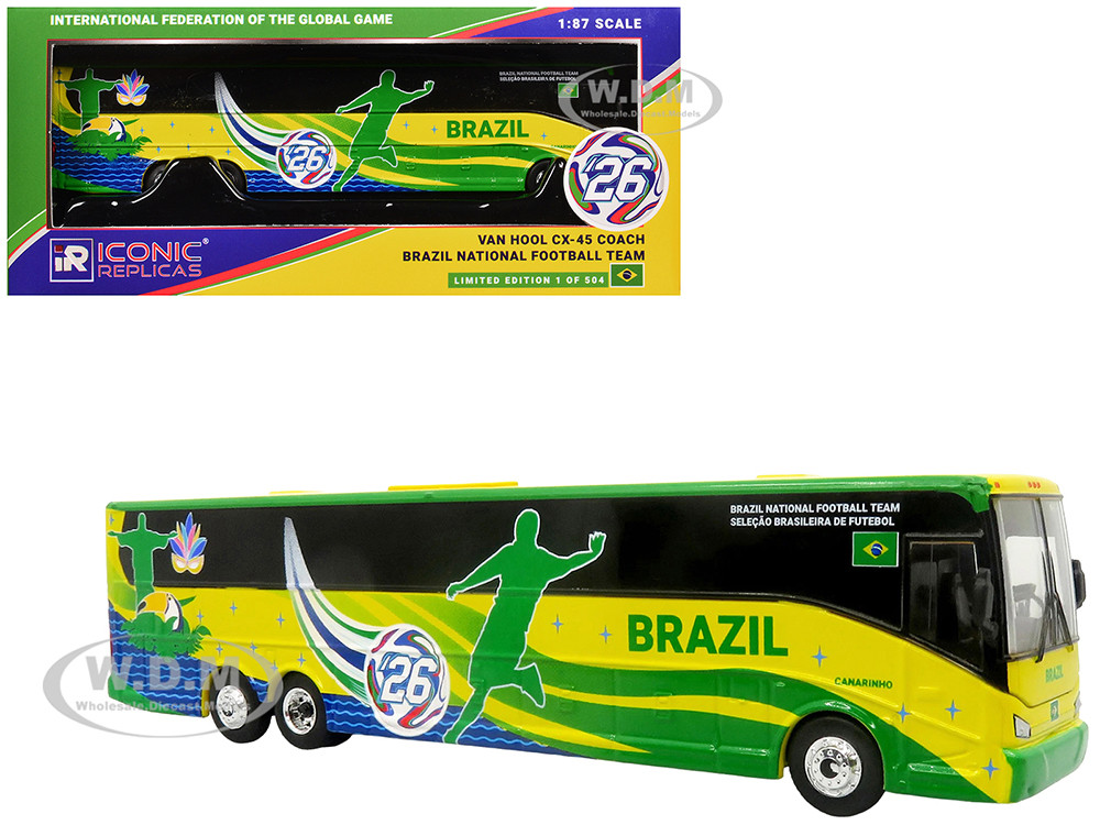 Van Hool CX-45 Coach Bus "Brazil National Football Team" Yellow and Green with Graphics "International Federation of the Global Game" Series Limited Edition to 504 pieces Worldwide 1/87 (HO) Diecast Model by Iconic Replicas diecast model