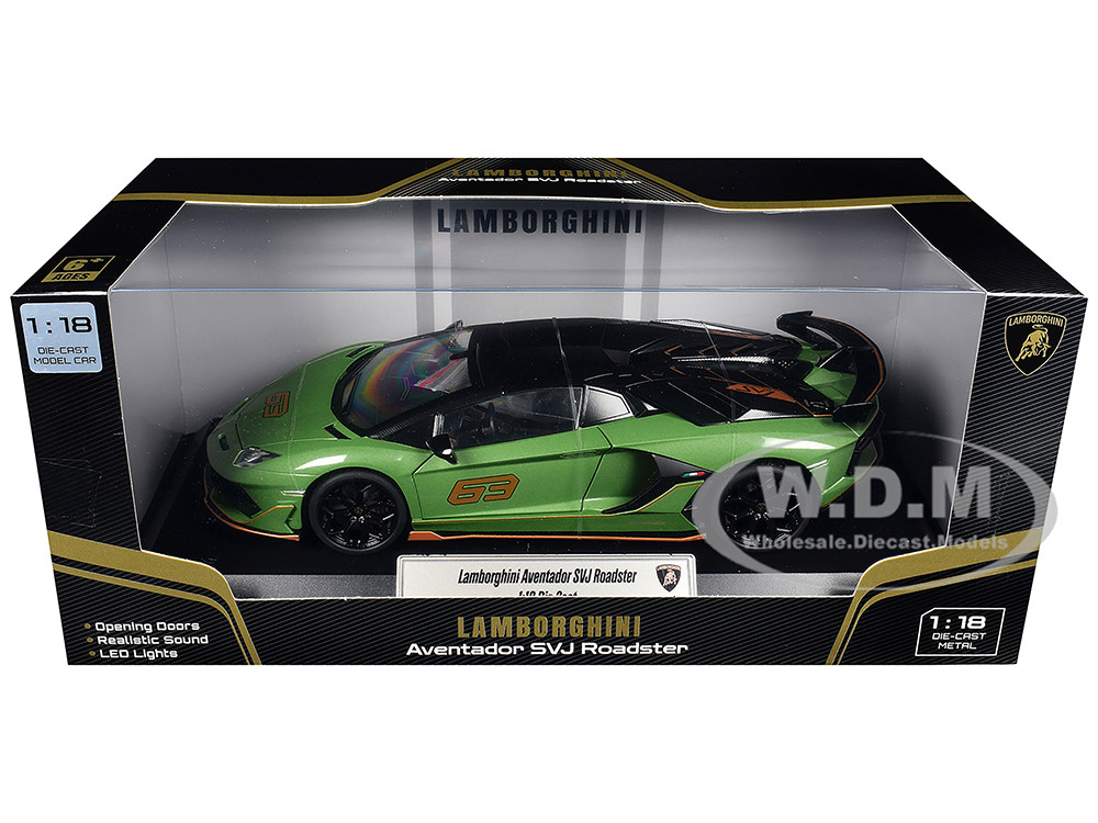 Lamborghini Aventador SVJ Roadster Green Metallic with Carbon Top and Gold Accents 1/18 Diecast Model Car by Heimanba diecast model