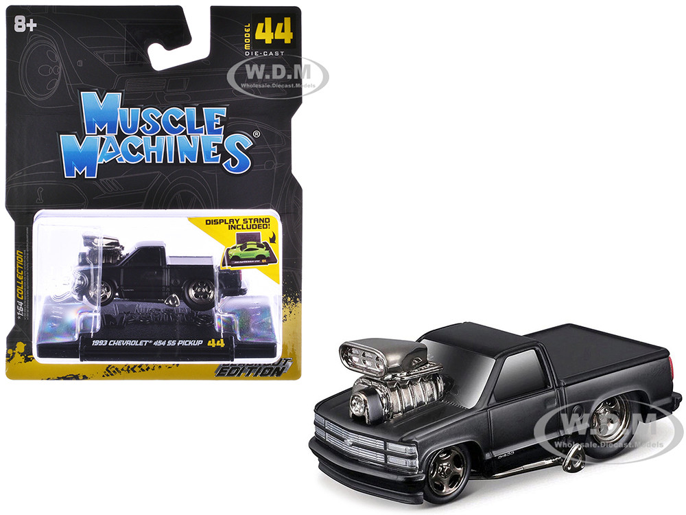 1993 Chevrolet 454 SS Pickup Truck Matt Black "Blackout Edition" 1/64 Diecast Model Car by Muscle Machines diecast model