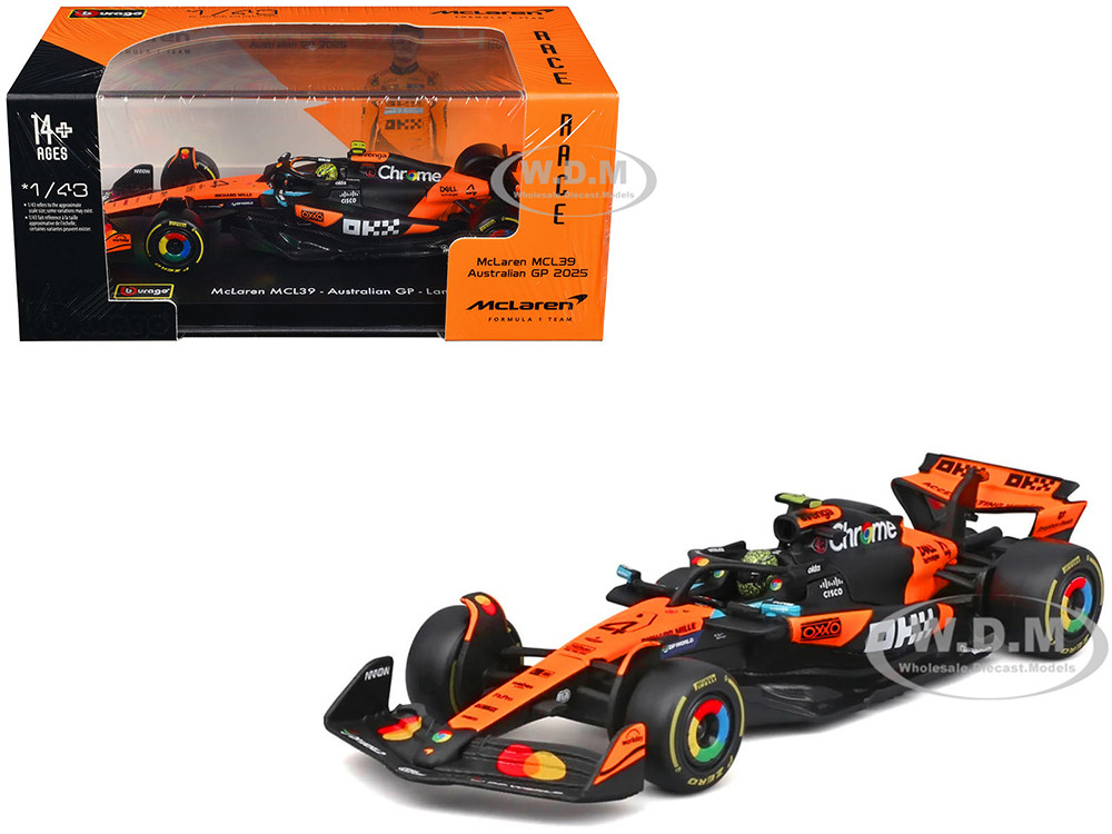 McLaren MCL39 #4 Lando Norris Winner Formula One F1 "Australian GP" (2025) with Display Case "Race" Series 1/43 Diecast Model Car by Bburago diecast model