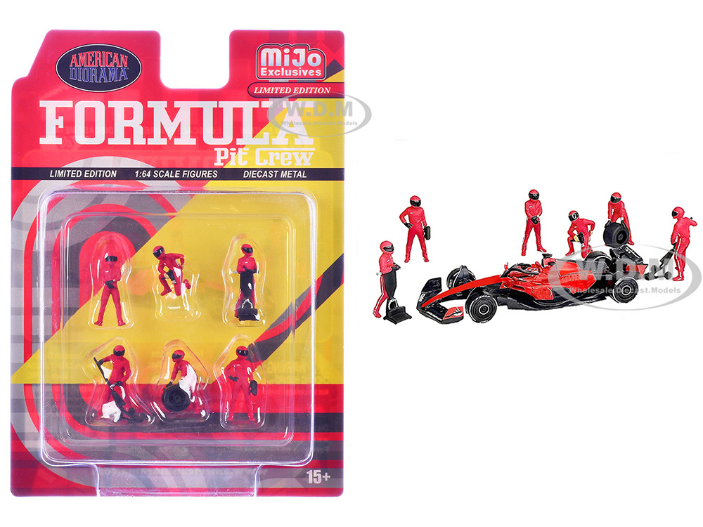 "Formula Pit Crew  Team Red" 6 piece Diecast Figure Set (6 Figures) Limited Edition for 1/64 Scale Models by American Diorama diecast model