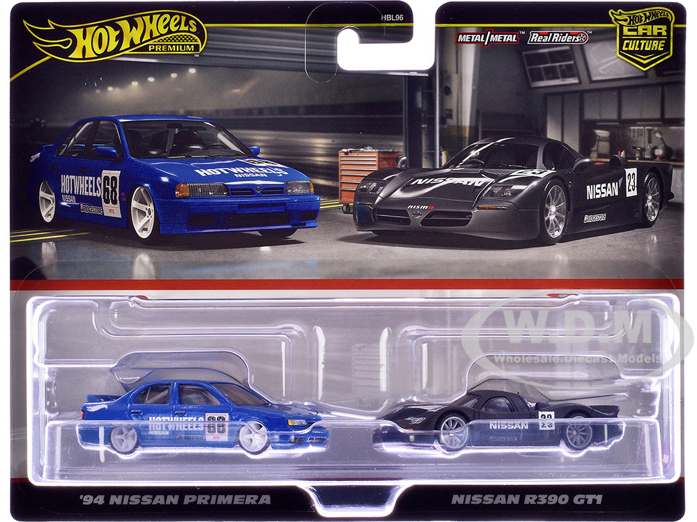 1994 Nissan Primera RHD (Right Hand Drive) #68 Blue and Nissan R390 GT1 #23 Matt Black "Car Culture" Set of 2 Cars Diecast Model Cars by Hot Wheels diecast model