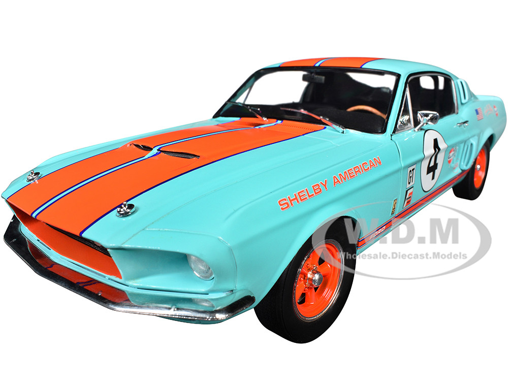 1967 Shelby GT500 #4 "Gulf Racing Tribute" Light Blue with Orange Stripes 1/18 Diecast Model Car by Solido diecast model