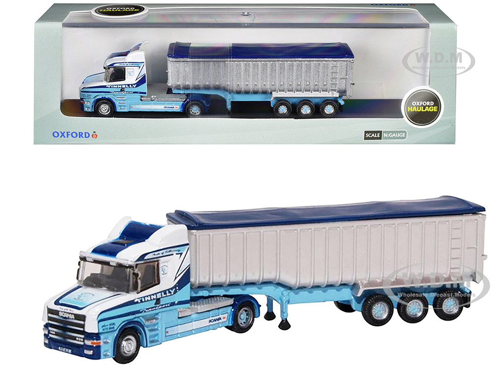 Scania T-Cab Truck RHD (Right Hand Drive) with Covered Dump Trailer "Tinnelly" White with Blue Graphics 1/148 (N) Scale Diecast Model Car by Oxford Diecast diecast model