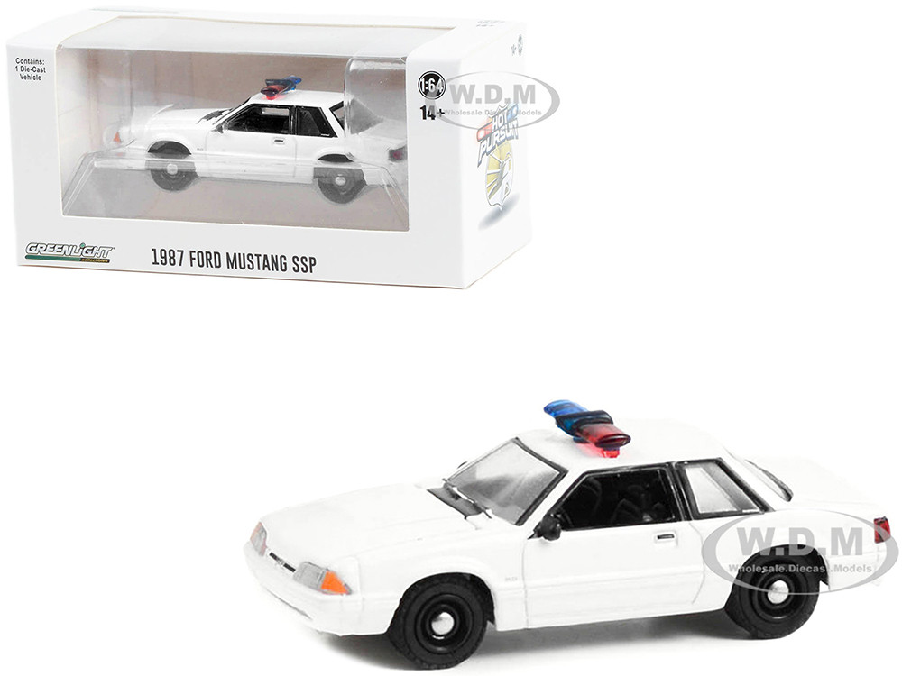 1987-1993 Ford Mustang SSP White Police Car with Light Bar "Hot Pursuit" "Hobby Exclusive" Series 1/64 Diecast Model Car by Greenlight diecast model