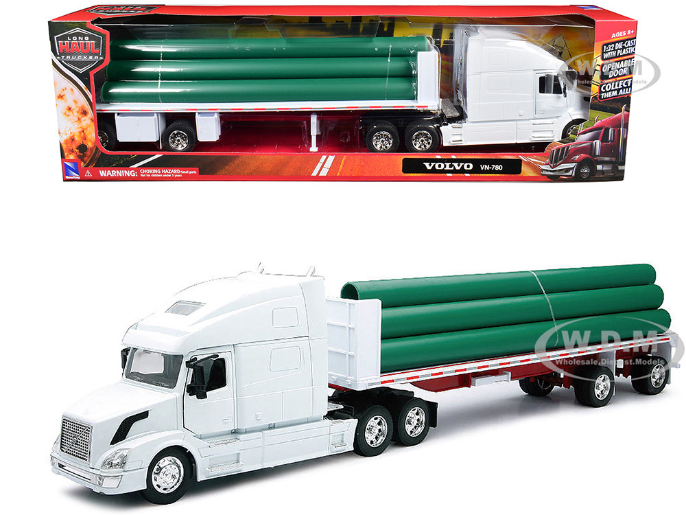 Volvo VN-780 Truck with Flatbed Trailer and Long Pipes White "Long Haul Truckers" Series 1/32 Diecast Model by New Ray diecast model