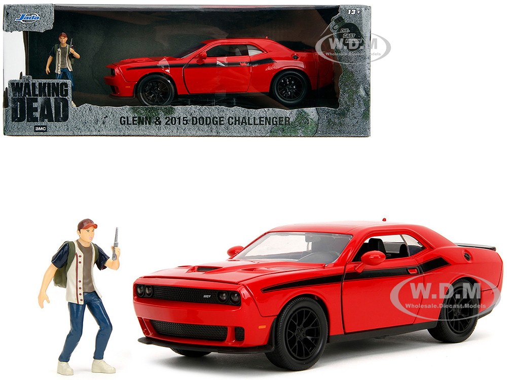 2015 Dodge Challenger Red with Black Stripes and Glenn Diecast Figure "The Walking Dead" (2010-2022) TV Series "Hollywood Rides" Series 1/24 Diecast Model Car by Jada diecast model