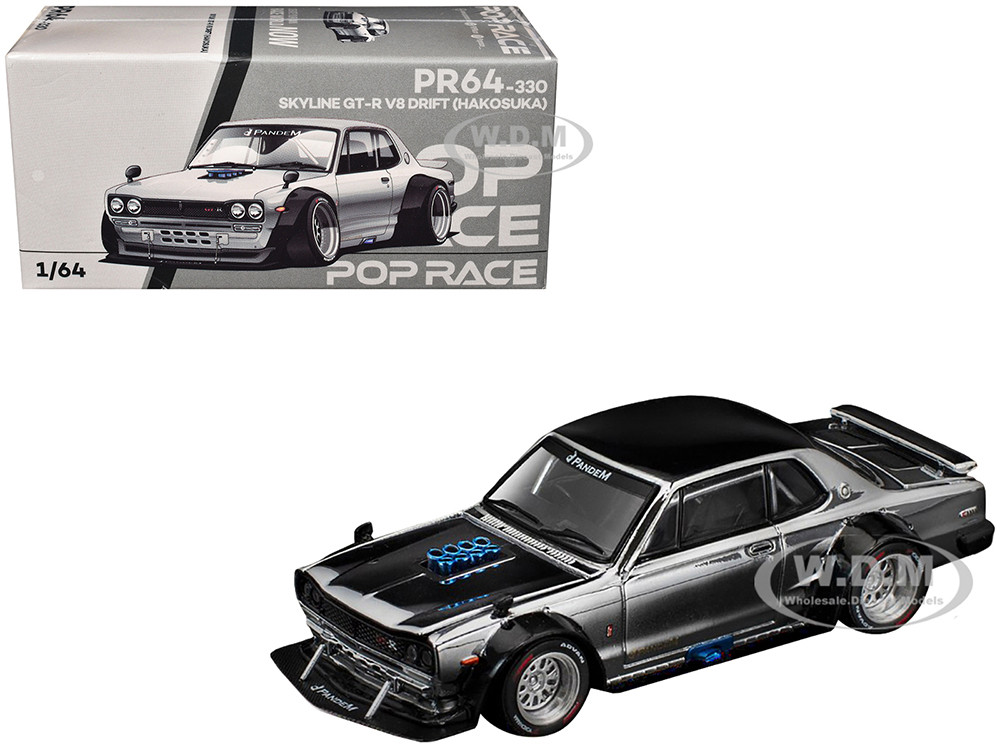 Skyline GT-R V8 Drift "Hakosuka" RHD (Right Hand Drive) Silver Chrome with Black Hood and Top 1/64 Diecast Model Car by Pop Race diecast model