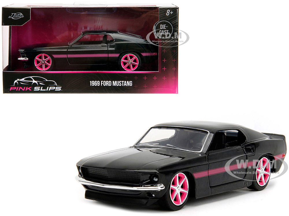 1969 Ford Mustang Black Metallic with Pink Stripes and Wheels "Pink Slips" Series 1/32 Diecast Model Car by Jada diecast model