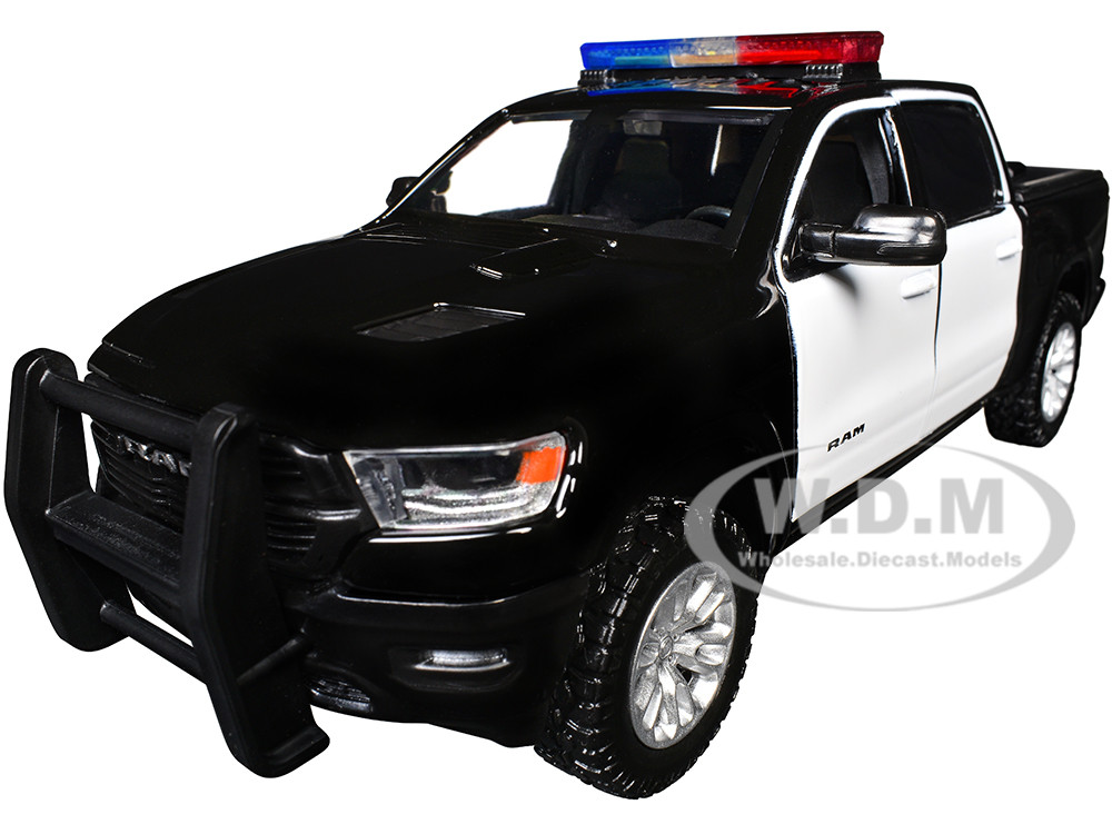 2019 RAM 1500 Laramie Crew Cab Pickup Truck Black and White with Flashing Light Bar and Front and Rear Lights and Sounds 1/27 Diecast Model Car by Motormax diecast model