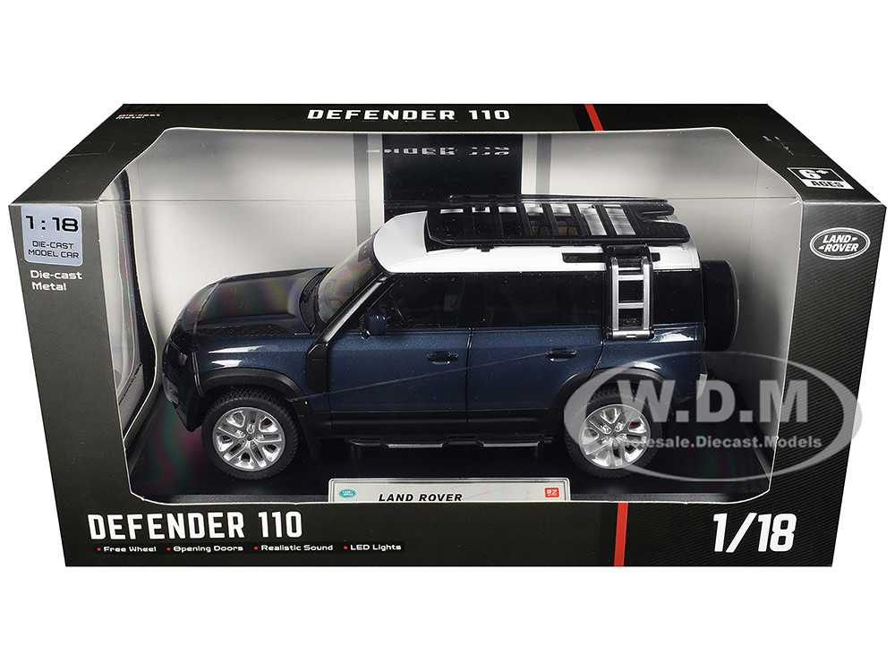 Land Rover Defender 110 Blue Metallic with White Top and Roof Rack 1/18 Diecast Model Car by Heimanba diecast model