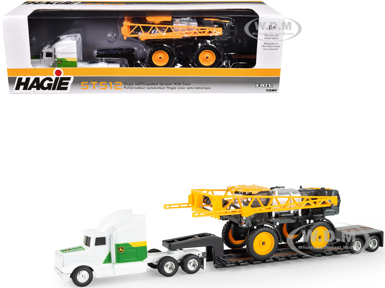 Semi Truck "John Deere" White and Green with Flatbed Trailer and Hagie STS12 Sprayer Yellow 1/64 Diecast Models by ERTL TOMY diecast model