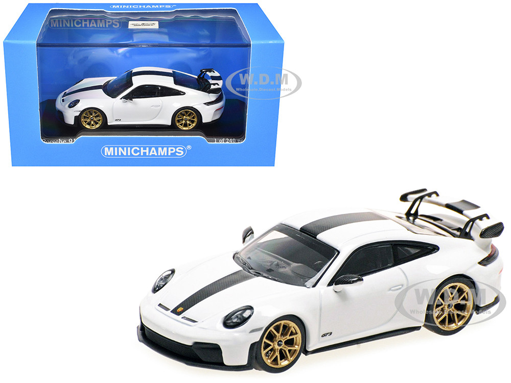 2025 Porsche 911 (992.2) GT3 Weissach Package White with Carbon Stripe Limited Edition to 240 pieces Worldwide 1/64 Diecast Model Car by Minichamps diecast model