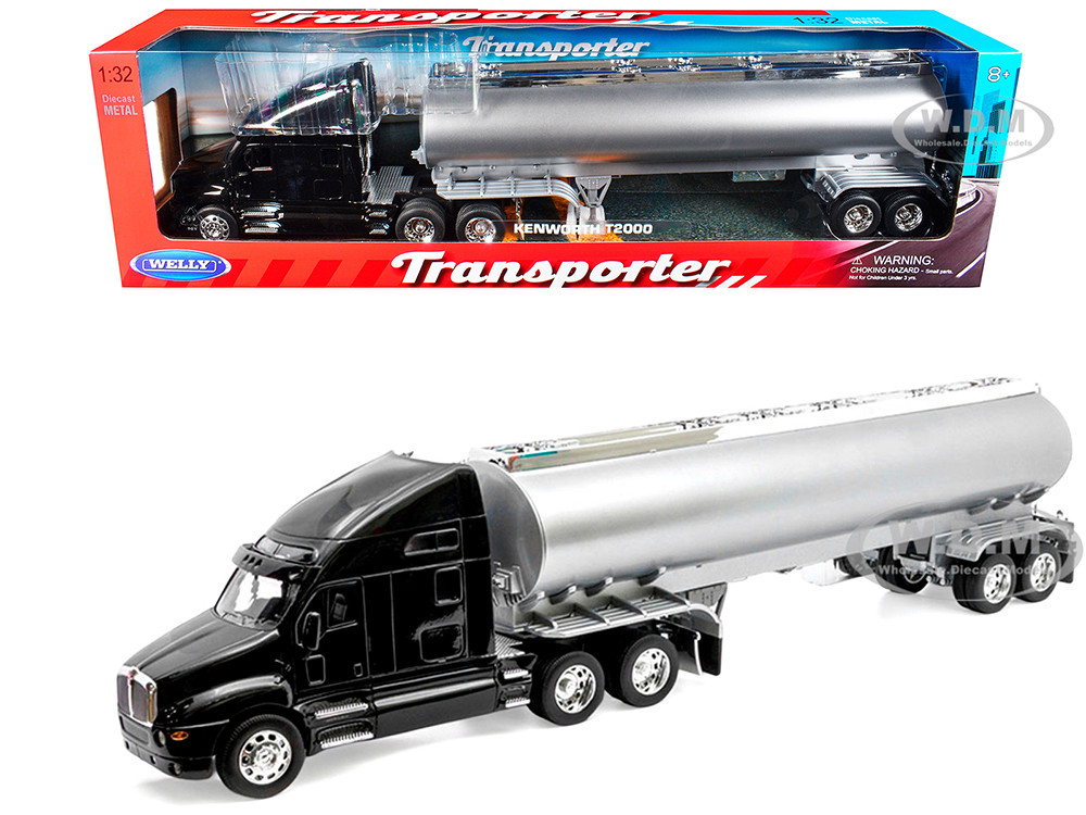 Kenworth T2000 Truck Black with Silver Tanker Trailer "Transporter" Series 1/32 Diecast Model by Welly diecast model