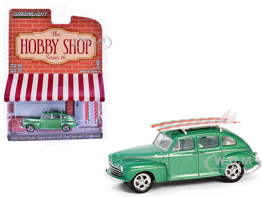 1946 Ford Fordor Super Deluxe Green Metallic with White Interior and Roof Rack with Surfboards "The Hobby Shop" Series 16 1/64 Diecast Model Car by Greenlight diecast model