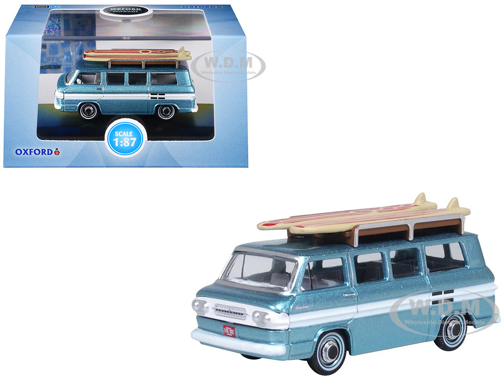 1961 Chevrolet Corvair Greenbrier Passenger Wagon Van Turquoise Metallic and Cameo White with Surfboards on Roof 1/87 (HO) Scale Diecast Model Car by Oxford Diecast diecast model