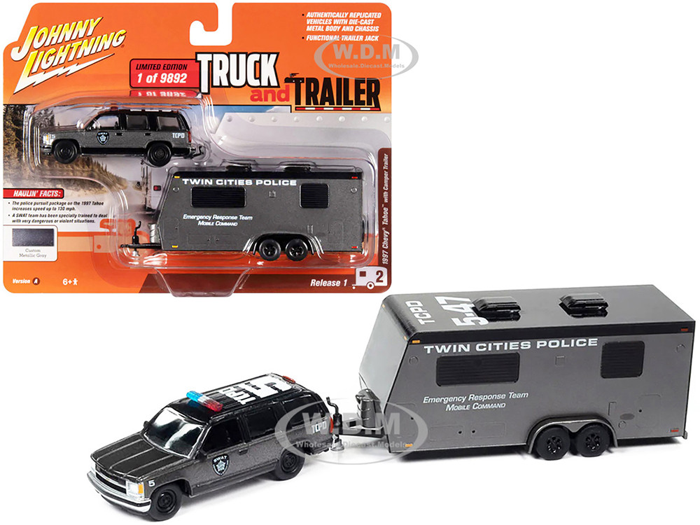 1997 Chevrolet Tahoe "SWAT" Custom Gray Metallic and Black with "Twin Cities Police" Camper Trailer Limited Edition to 9892 pieces Worldwide "Truck and Trailer" Series 1/64 Diecast Model Car by Johnny Lightning diecast model