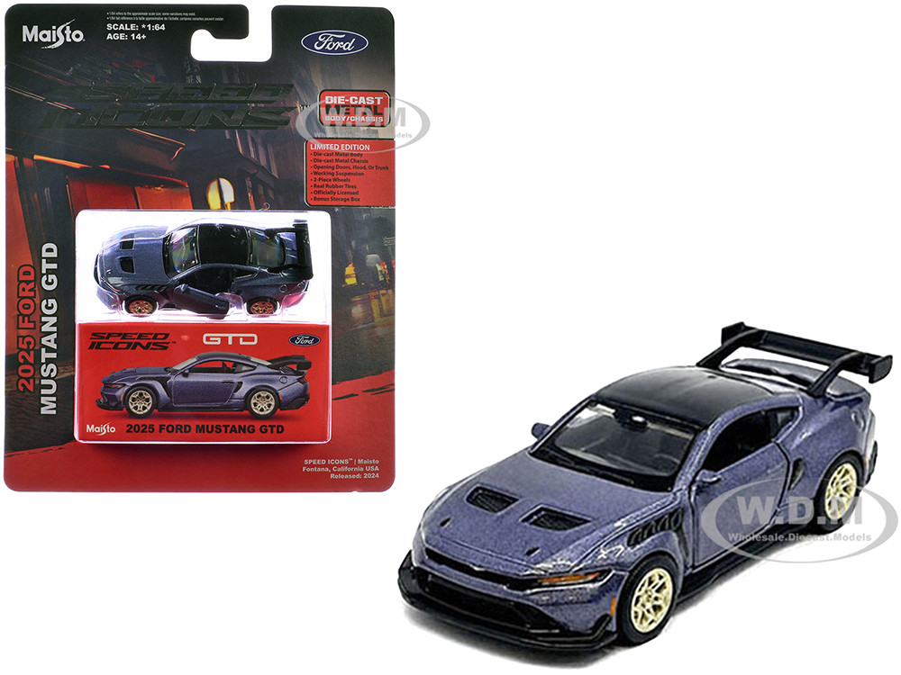 2025 Ford Mustang GTD Purple Metallic with Black Top "Speed Icons" Series 1/64 Diecast Model Car by Maisto diecast model