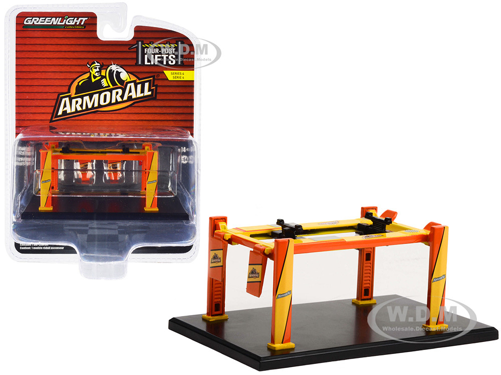 Adjustable Four-Post Lift "ArmorAll" Orange and Yellow "Four-Post Lifts" Series 4 1/64 Diecast Model by Greenlight diecast model