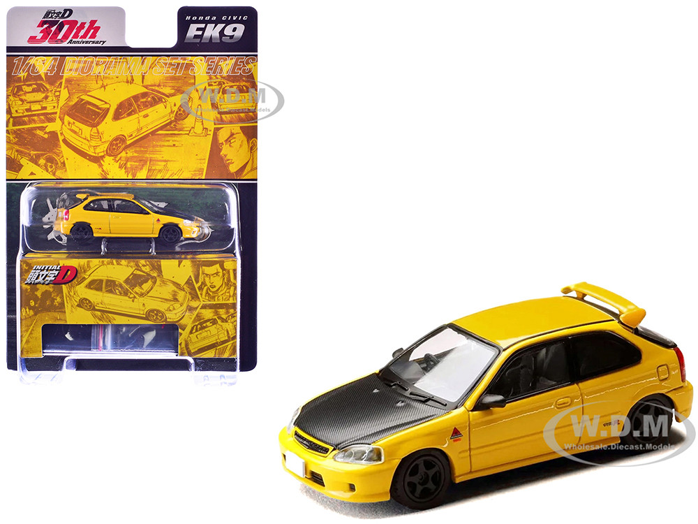 Honda Civic (EK9) RHD (Right Hand Drive) Yellow with Carbon Hood "Initial D" (1995-2013) Manga "Diorama Set Series" 1/64 Diecast Model Car by Hobby Japan diecast model