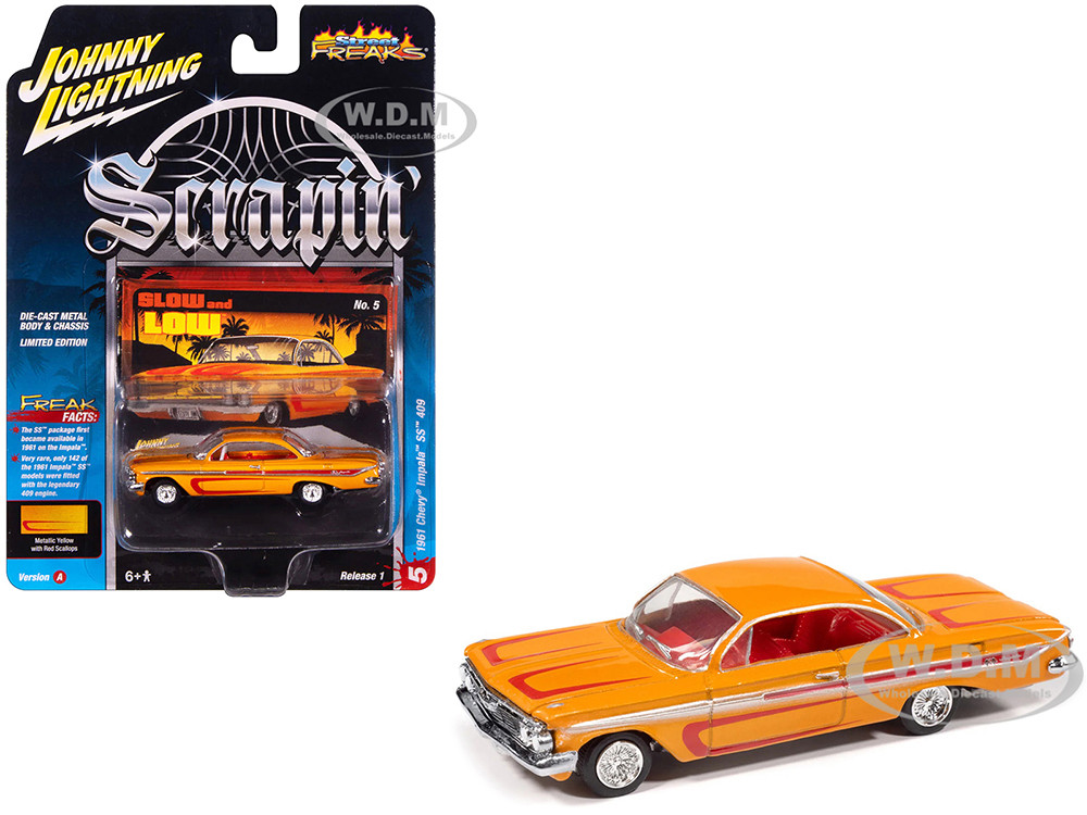 1961 Chevrolet Impala SS 409 Yellow Metallic with Red Stripes and Interior "Scrapin" Series 1/64 Diecast Model Car by Johnny Lightning diecast model