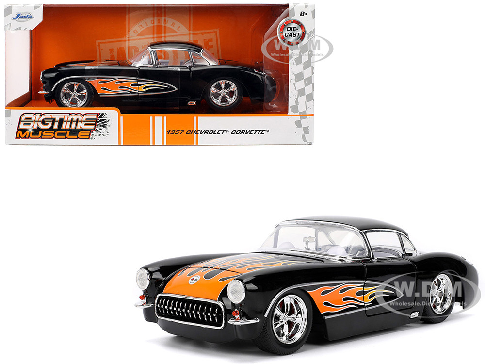 1957 Chevrolet Corvette Black with Flame Graphics and White Interior "Bigtime Muscle" Series 1/24 Diecast Model Car by Jada diecast model