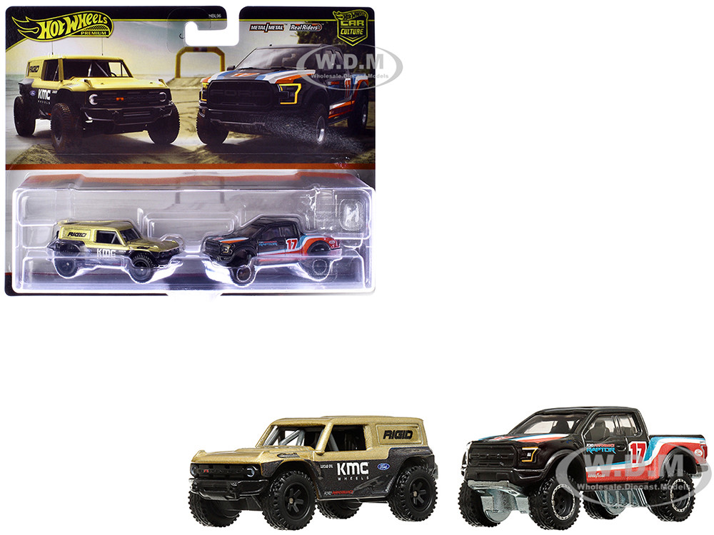 Ford Bronco R Gold Metallic and Black and 2017 Ford F-150 Raptor Pickup Truck #17 Black with Stripes "Car Culture" Set of 2 Cars Diecast Model Cars by Hot Wheels diecast model