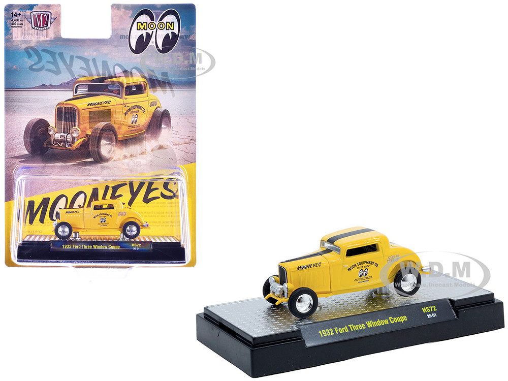 1932 Ford Three-Window Coupe "MoonEyes" Yellow with Black Stripe Limited Edition to 4400 pieces Worldwide 1/64 Diecast Model Car by M2 Machines diecast model
