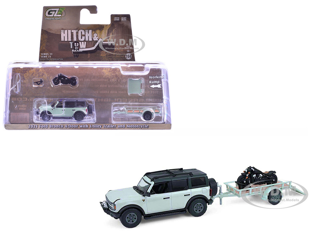 2021 Ford Bronco 4-Door Badlands Cactus Gray with Black Top and Motorcycle with Utility Trailer "Hitch & Tow" Series 33 1/64 Diecast Model Cars by Greenlight diecast model