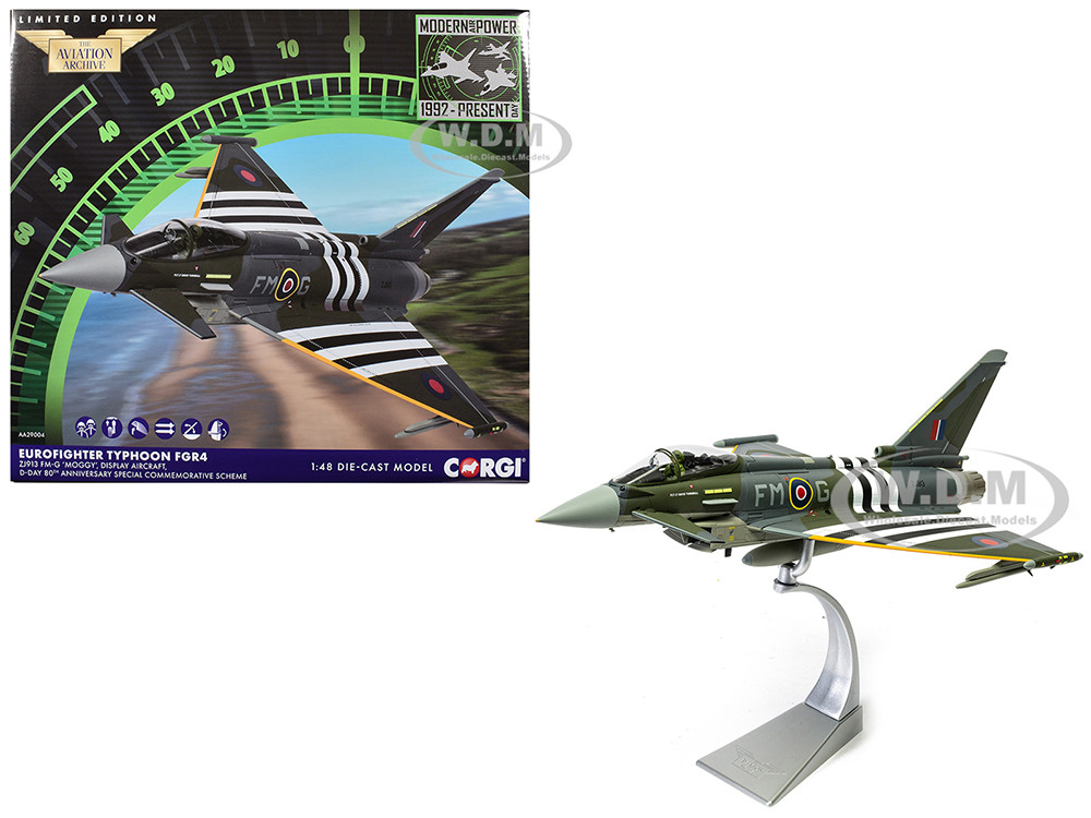 Eurofighter Typhoon FGR4 Fighter Aircraft "ZJ913 FM-G, Moggy, D-Day 80th Anniversary Display Scheme" (2024) Royal Air Force "The Aviation Archive" Series 1/48 Diecast Model by Corgi diecast model