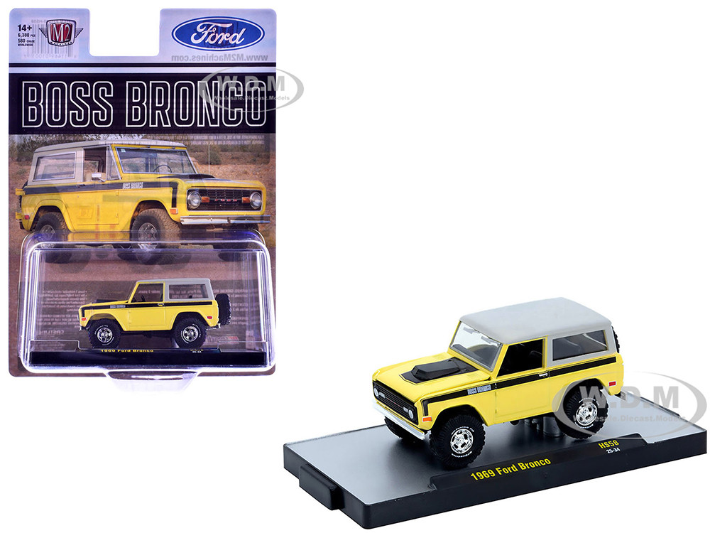 1969 Ford Bronco Yellow with Black Stripes and Gray Top Limited Edition to 6380 pieces Worldwide 1/64 Diecast Model Car by M2 Machines diecast model