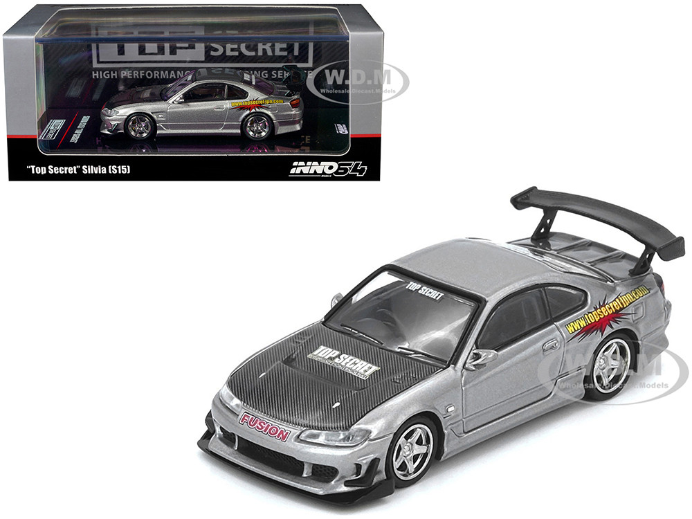 Nissan "Top Secret" Silvia (S15) RHD (Right Hand Drive) Silver Metallic with Carbon Hood 1/64 Diecast Model Car by Inno Models diecast model
