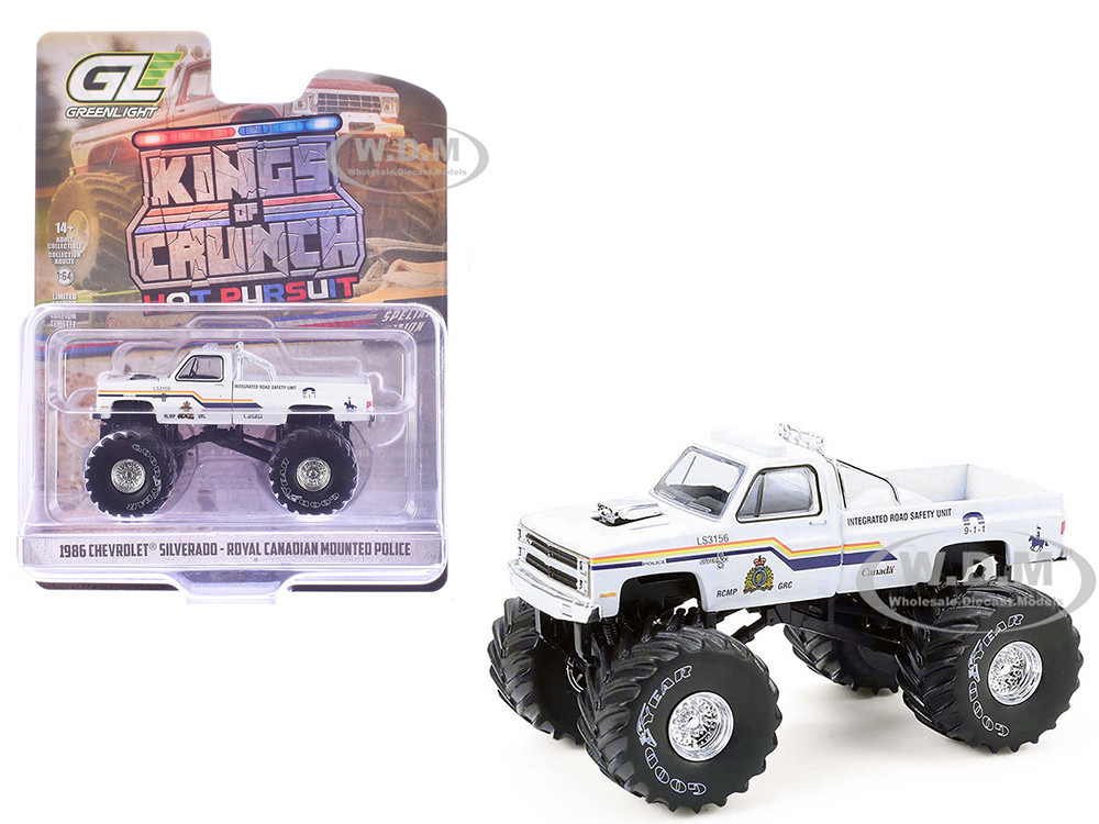1986 Chevrolet Silverado Monster Truck "Royal Canadian Mounted Police" White with Stripes "Kings of Crunch - Hot Pursuit" Special Edition 1/64 Diecast Model Car by Greenlight diecast model