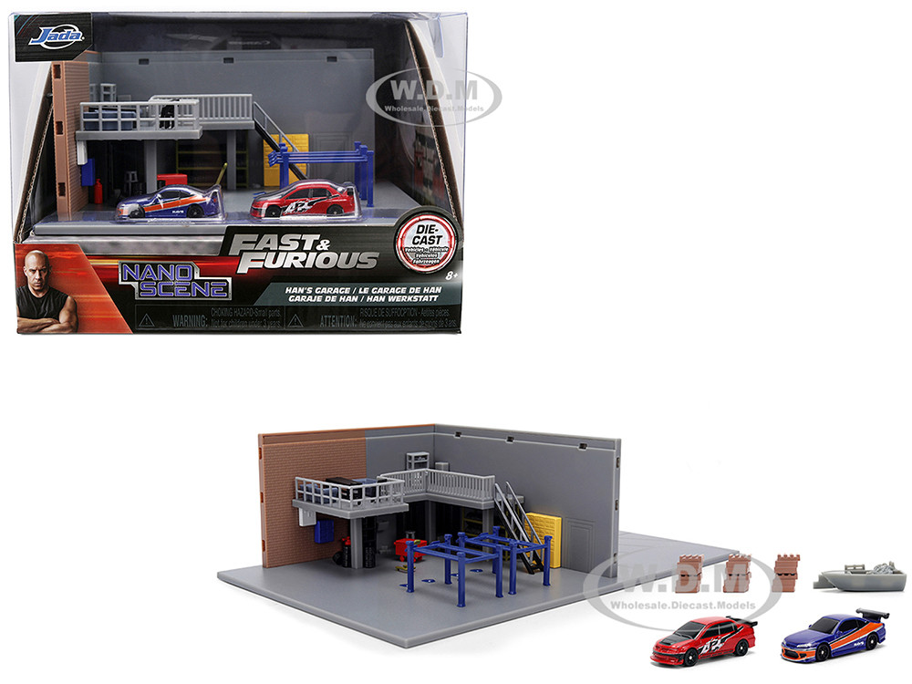 "Fast & Furious" Han's Garage Diorama with 2 Cars and Accessories "Nano Scene" Series 1/32 Model by Jada diecast model