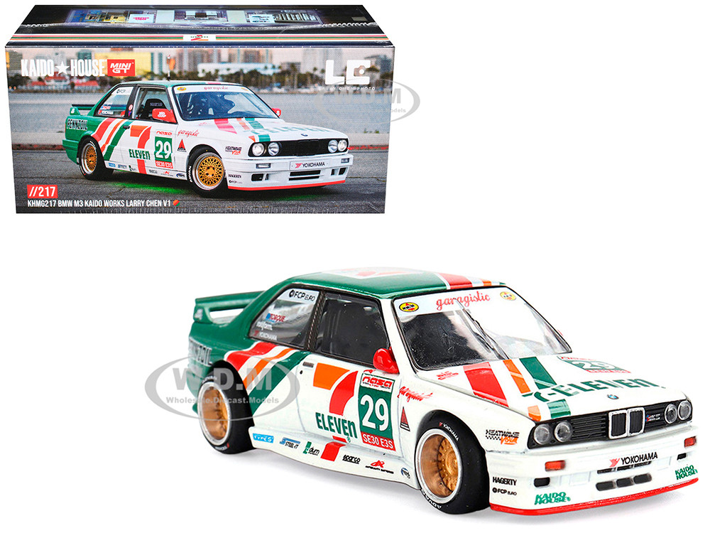 BMW M3 "Kaido Works Larry Chen V1" #29 "7-Eleven" White and Green with Graphics (Designed by Jun Imai) "Kaido House" Special 1/64 Diecast Model Car by Mini GT diecast model