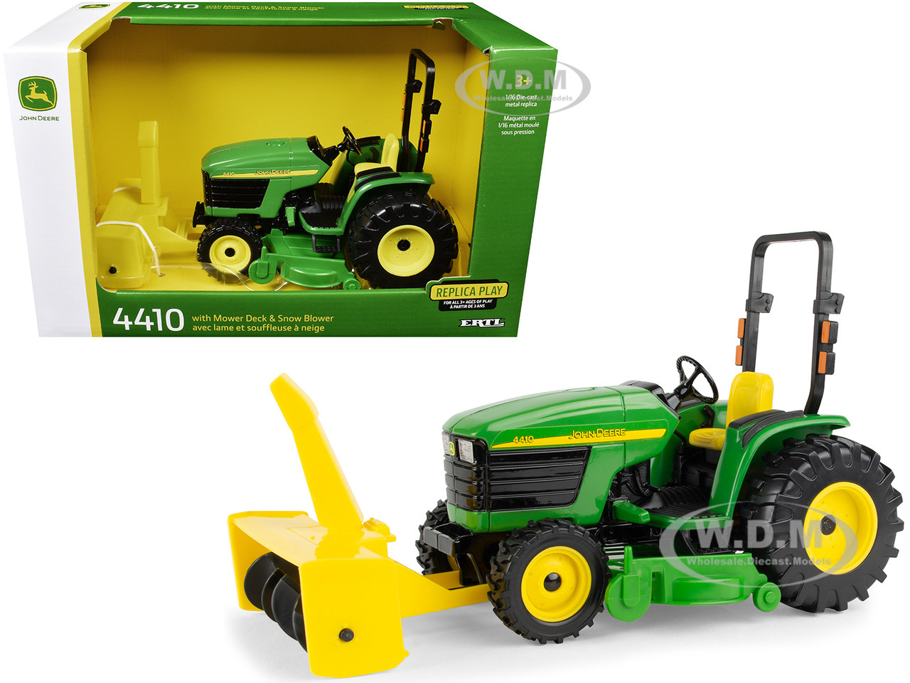 John Deere 4410 Tractor Green with Mower Deck and Snow Blower "Replica Play" Series 1/16 Diecast Model by ERTL TOMY diecast model