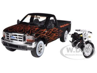 1999 Ford F-350 Super Duty Pickup Black with Flames 1/27 & 2002 Harley Davidson FLSTB Motorcycle Night Train 1/24 Diecast Models by Maisto diecast model