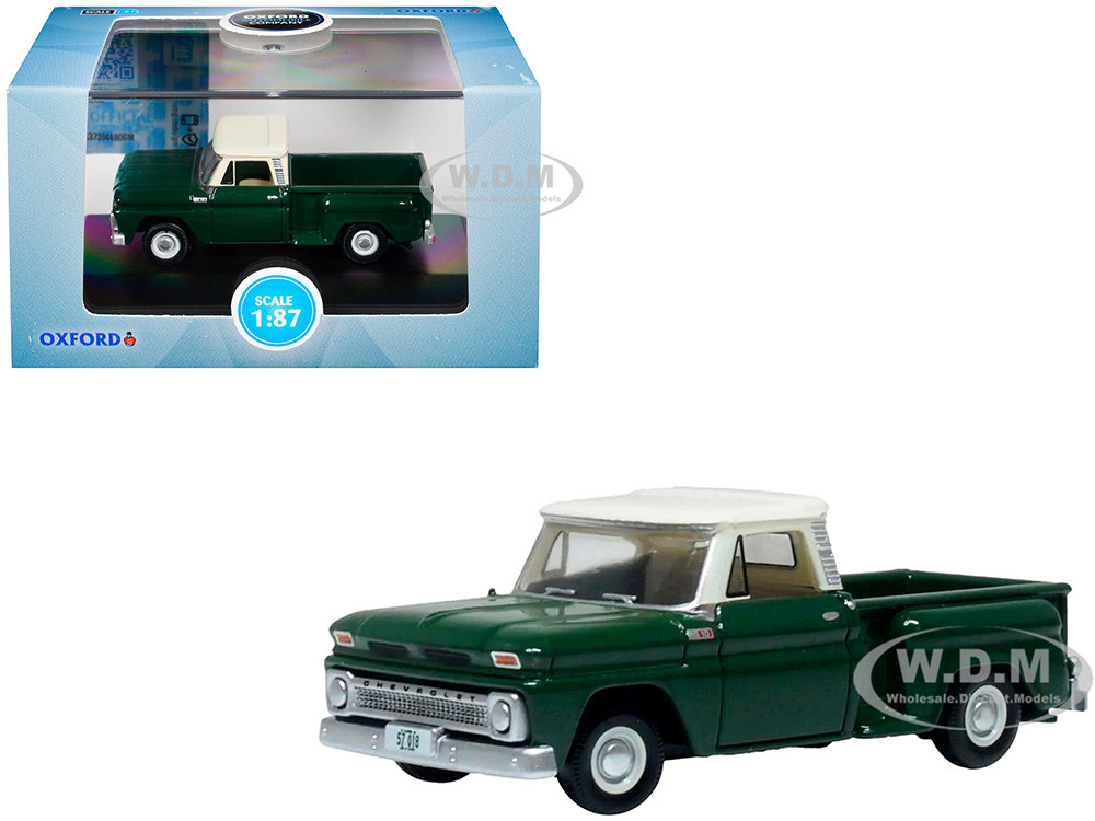 1965 Chevrolet C10 Stepside Pickup Truck Dark Green with Ivory Top 1/87 (HO) Scale Diecast Model Car by Oxford Diecast diecast model