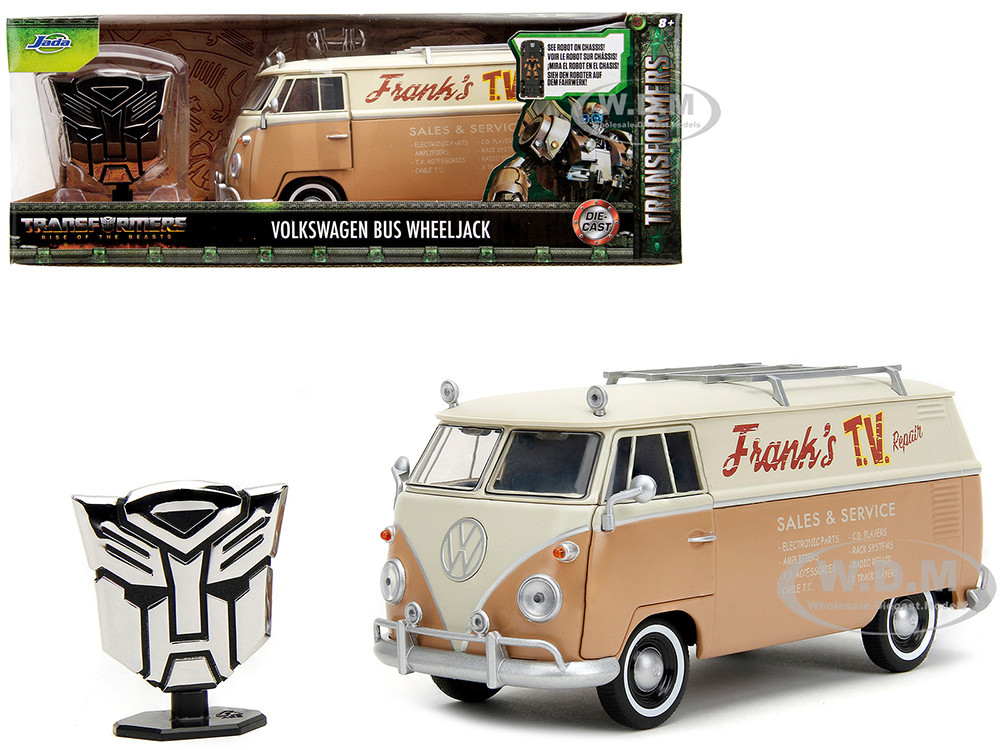 Volkswagen Bus "WheelJack" Tan and Beige "Frank's TV Repair" and Transformers Logo Diecast Statue "Transformers: Rise of the Beasts" (2023) Movie "Hollywood Rides" Series 1/24 Diecast Model Car by Jada diecast model