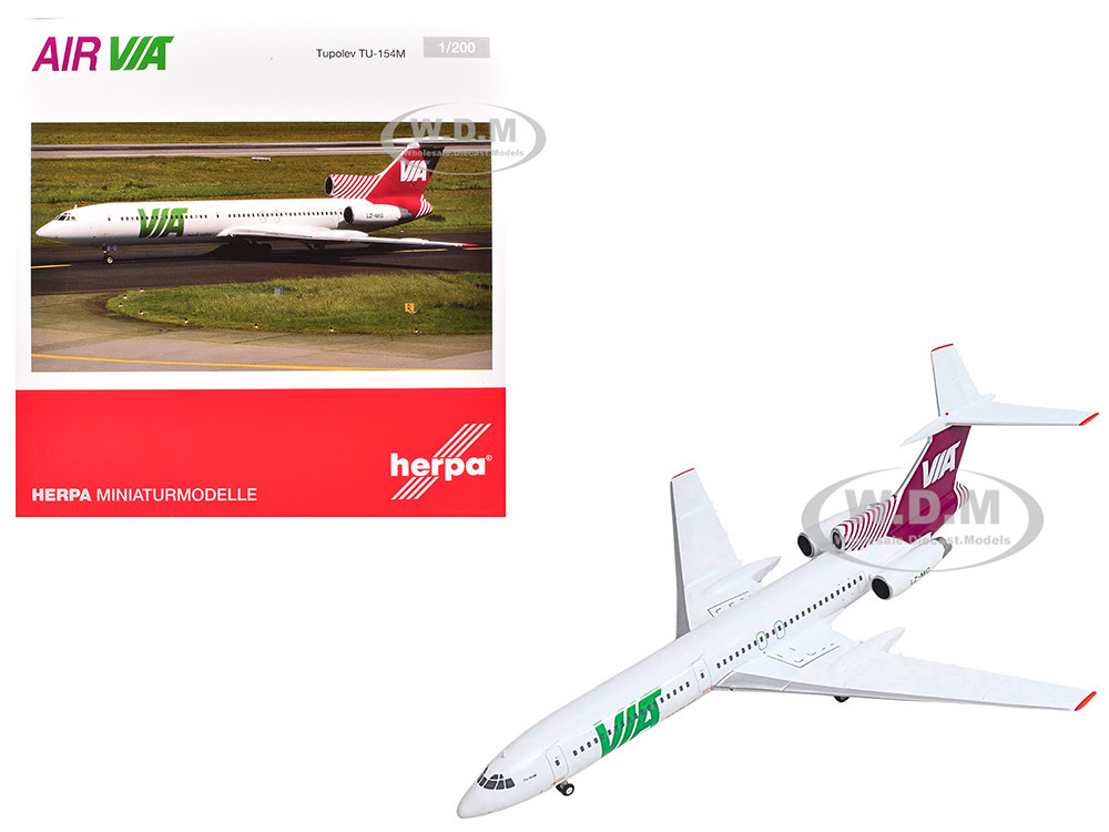 Tupolev TU-154M Commercial Aircraft "Air Via" (LZ-MIG) White with Red Tail 1/200 Diecast Model Airplane by Herpa diecast model