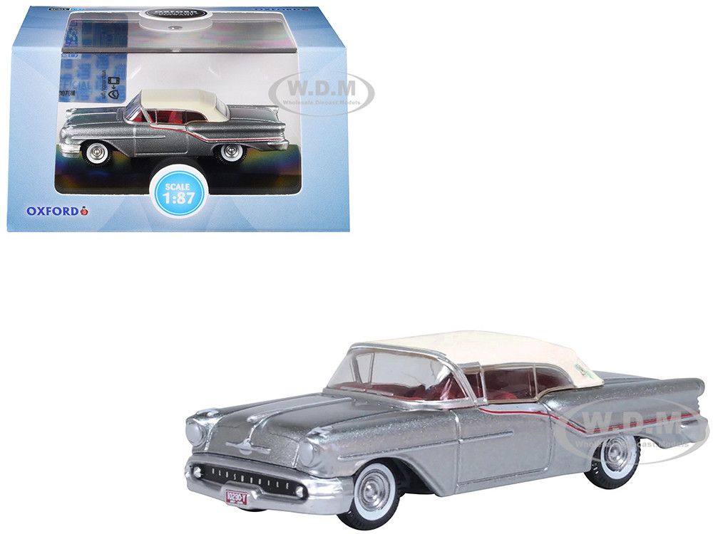 1957 Oldsmobile 88 Convertible (Top-Up) Juneau Gray with White Top and Red Interior 1/87 (HO) Scale Diecast Model Car by Oxford Diecast diecast model