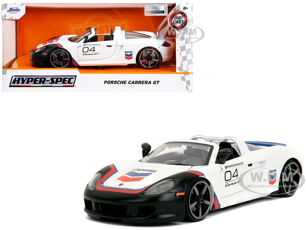Porsche Carrera GT Convertible #04 "Chevron" White with Graphics "Hyper-Spec" Series 1/24 Diecast Model Car by Jada diecast model