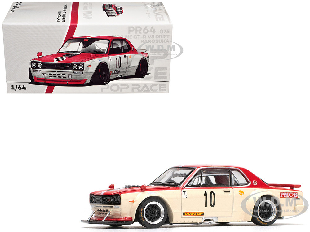 Skyline GT-R V8 Drift "Hakosuka" RHD (Right Hand Drive) #10 "Watanabe" Red and Cream 1/64 Diecast Model Car by Pop Race diecast model