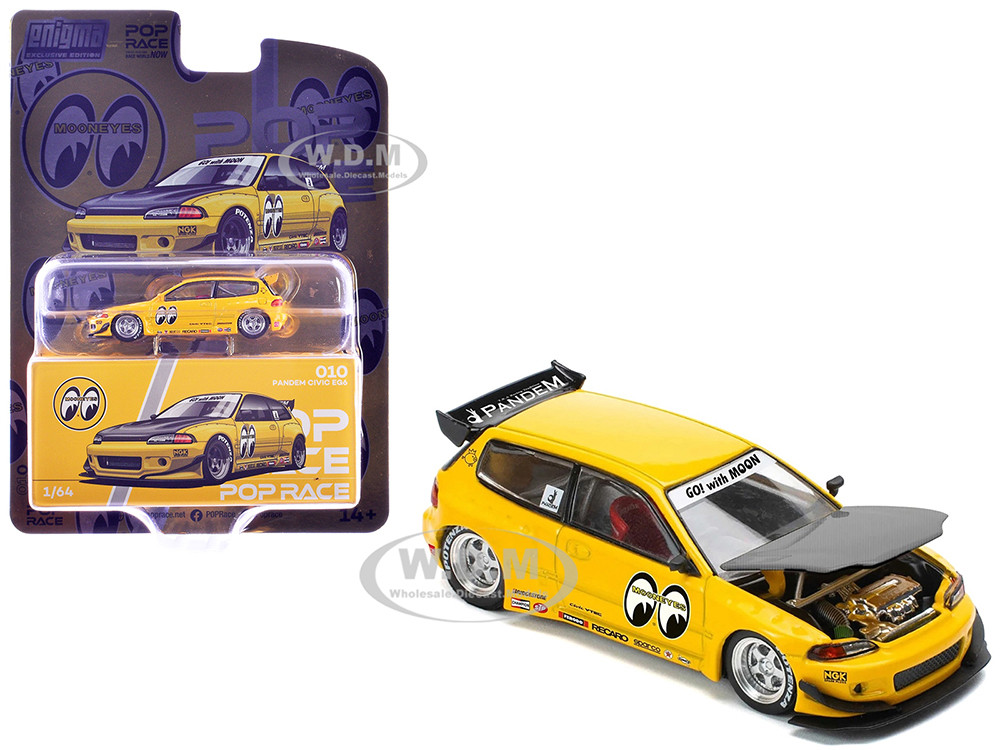Pandem Civic EG6 RHD (Right Hand Drive) "Mooneyes" Yellow with Carbon Hood "Enigma Exclusive Edition" 1/64 Diecast Model Car by Pop Race diecast model