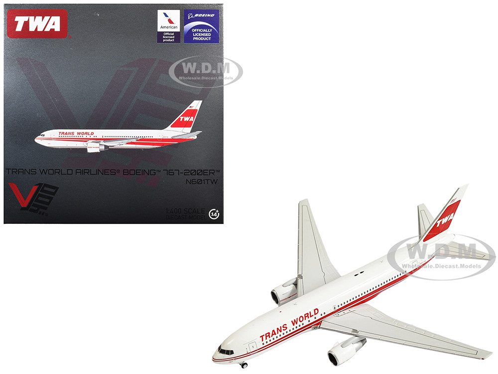 Boeing 767-200ER Commercial Aircraft "Trans World Airlines" (N601TW) White with Red Stripes 1/400 Diecast Model Airplane by V1:400 diecast model