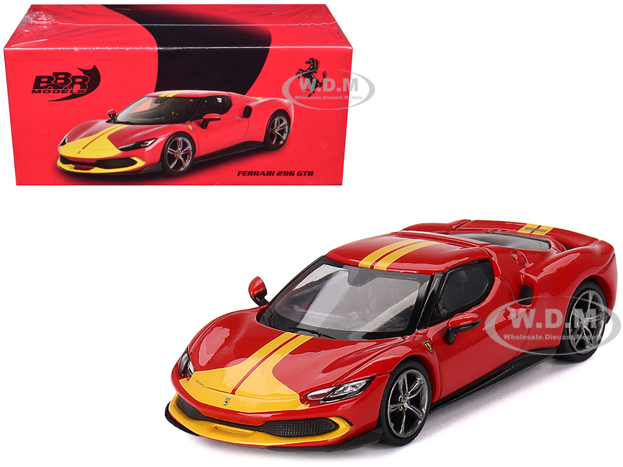 Ferrari 296 GTB Assetto Fiorano Rosso Corsa Red with Yellow Stripes 1/64 Diecast Model Car by BBR diecast model
